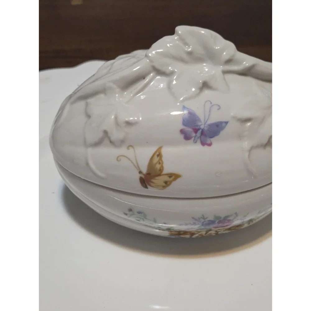 Vintage Charles Revson Inc Ciara Porcelain Egg Trinket Dish Featuring butterflie
